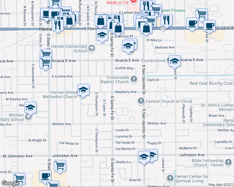 map of restaurants, bars, coffee shops, grocery stores, and more near 560 South Santa Fe Street in Hemet