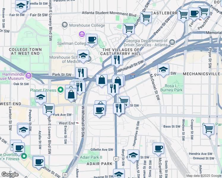 map of restaurants, bars, coffee shops, grocery stores, and more near 601-673 Bluff Street Southwest in Atlanta