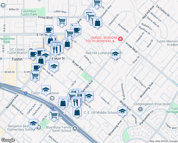 map of restaurants, bars, coffee shops, grocery stores, and more near 1395 Bryan Avenue in Tustin