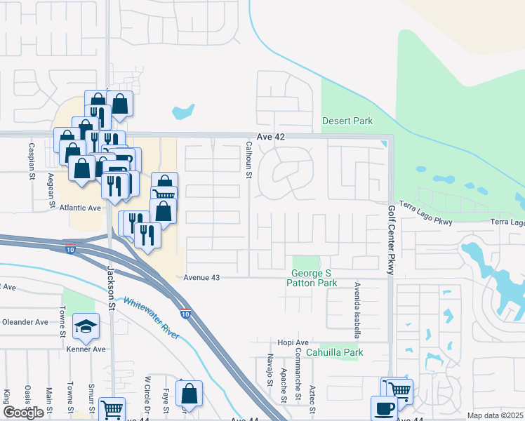 map of restaurants, bars, coffee shops, grocery stores, and more near 42532 Saragoza Court in Indio