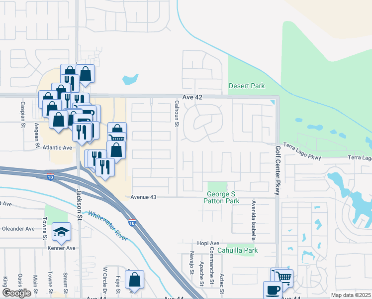 map of restaurants, bars, coffee shops, grocery stores, and more near 42532 Saragoza Court in Indio