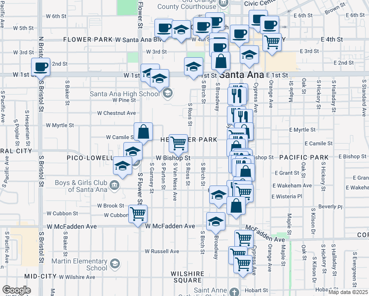 map of restaurants, bars, coffee shops, grocery stores, and more near 514 South Ross Street in Santa Ana