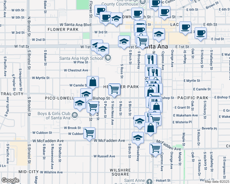 map of restaurants, bars, coffee shops, grocery stores, and more near 515 South Van Ness Avenue in Santa Ana