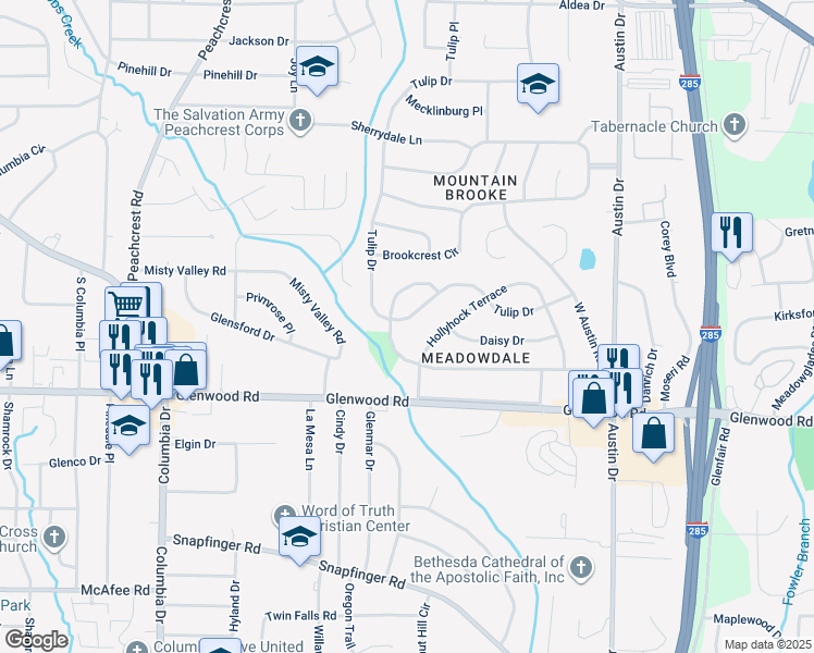 map of restaurants, bars, coffee shops, grocery stores, and more near 3579 Tulip Drive in Decatur