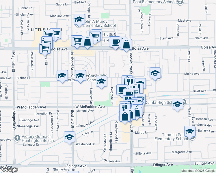 map of restaurants, bars, coffee shops, grocery stores, and more near 9802 Bishop Place in Westminster