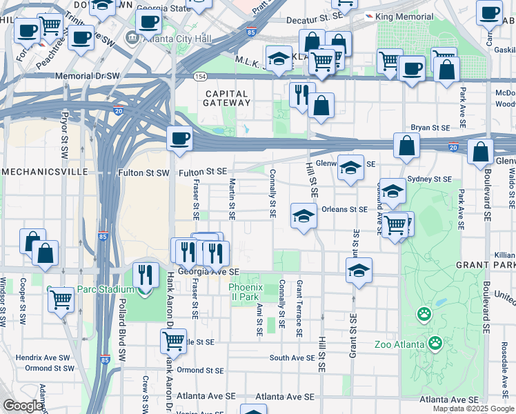 map of restaurants, bars, coffee shops, grocery stores, and more near 158 Richmond Street Southeast in Atlanta