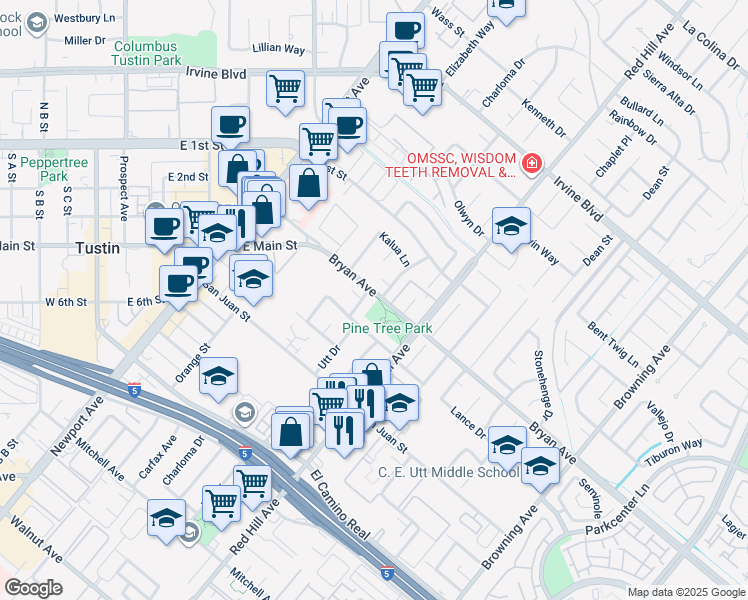 map of restaurants, bars, coffee shops, grocery stores, and more near 1372 Bryan Avenue in Tustin