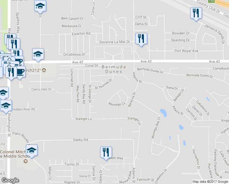 map of restaurants, bars, coffee shops, grocery stores, and more near 78800 Montego Bay Cir in Bermuda Dunes