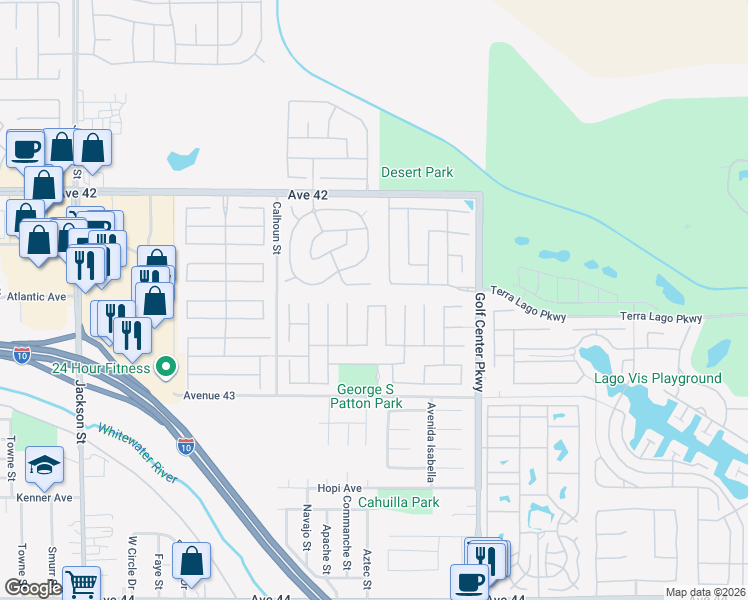 map of restaurants, bars, coffee shops, grocery stores, and more near 83740 Durazo Lane in Indio