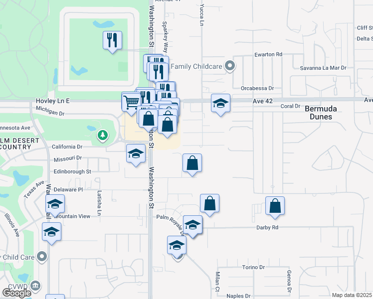map of restaurants, bars, coffee shops, grocery stores, and more near 42488 Byron Place in Bermuda Dunes
