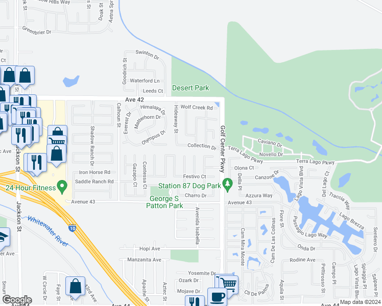 map of restaurants, bars, coffee shops, grocery stores, and more near 42545 Tango Court in Indio