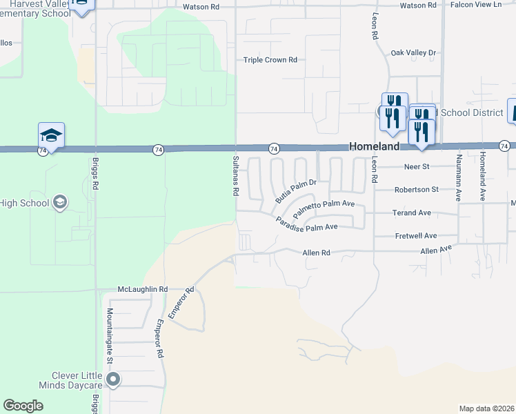 map of restaurants, bars, coffee shops, grocery stores, and more near 30562 Paradise Palm Avenue in Homeland