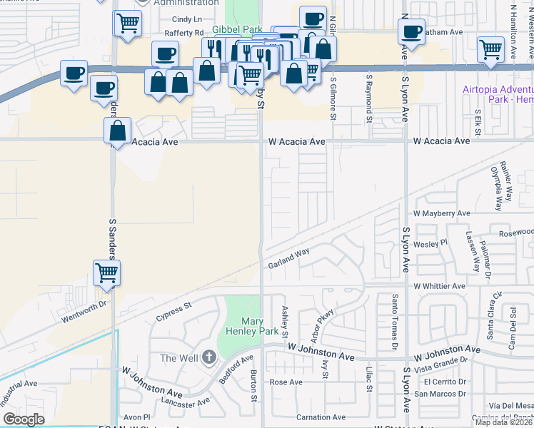 map of restaurants, bars, coffee shops, grocery stores, and more near 511 Carmel Way in Hemet