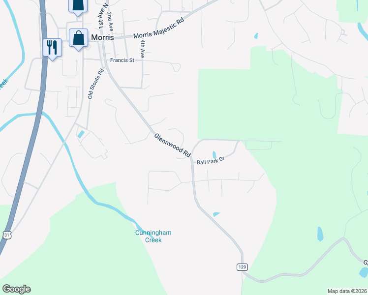 map of restaurants, bars, coffee shops, grocery stores, and more near 8001 Parkridge Circle in Morris