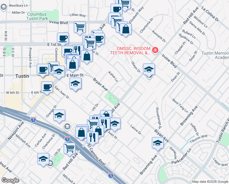map of restaurants, bars, coffee shops, grocery stores, and more near 1395 Bryan Avenue in Tustin