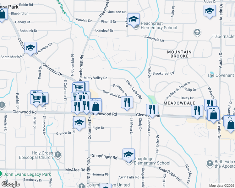 map of restaurants, bars, coffee shops, grocery stores, and more near 3491 Glensford Drive in Decatur