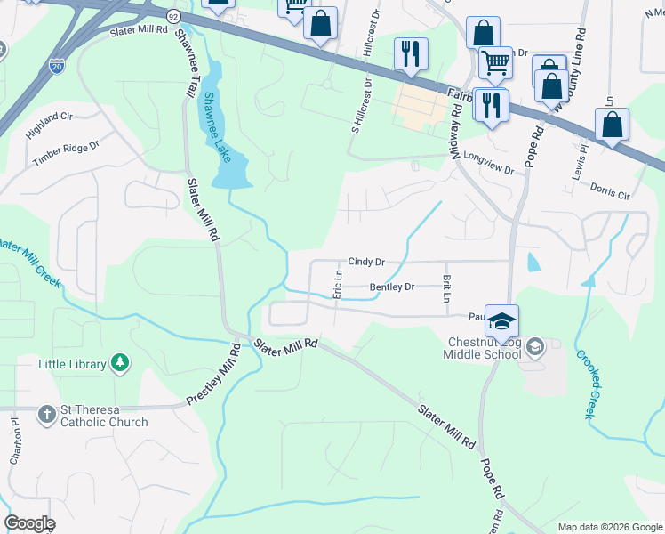 map of restaurants, bars, coffee shops, grocery stores, and more near 2435 Eric Lane in Douglasville