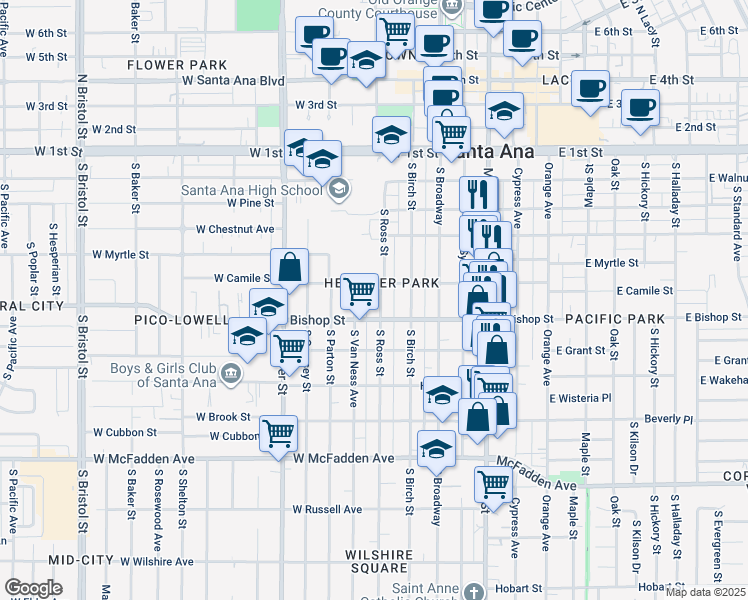 map of restaurants, bars, coffee shops, grocery stores, and more near 514 South Ross Street in Santa Ana