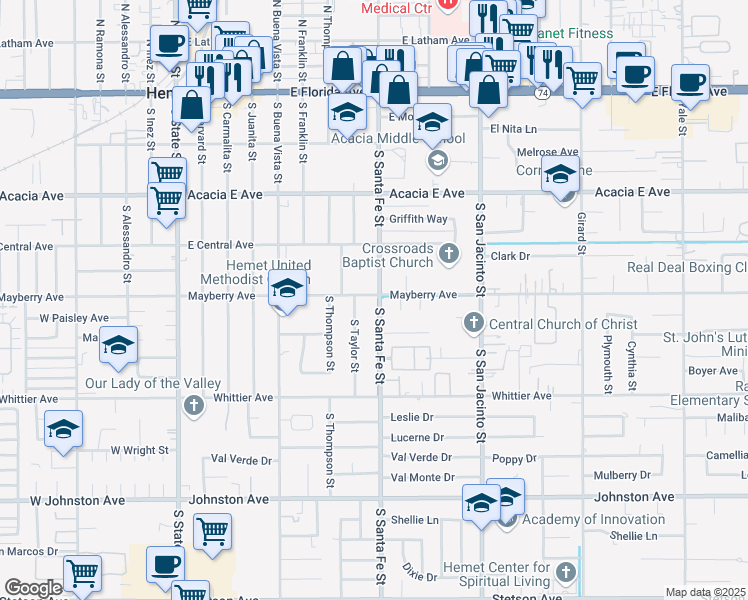 map of restaurants, bars, coffee shops, grocery stores, and more near 507 South Santa Fe Street in Hemet