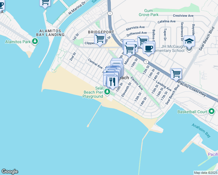 map of restaurants, bars, coffee shops, grocery stores, and more near 906 Ocean Avenue in Seal Beach