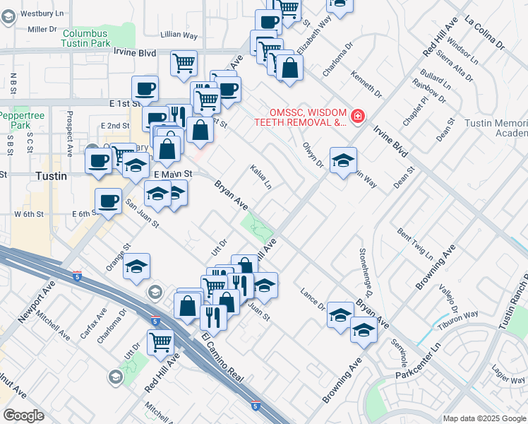 map of restaurants, bars, coffee shops, grocery stores, and more near 1395 Bryan Avenue in Tustin