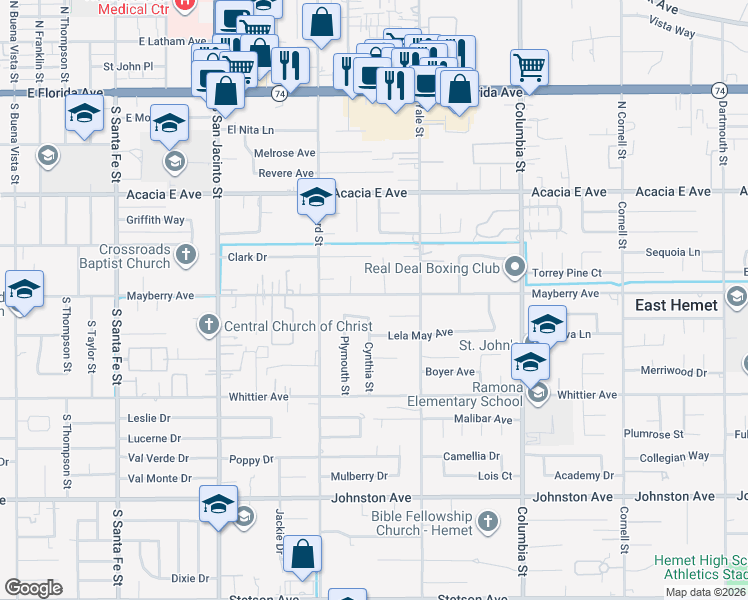map of restaurants, bars, coffee shops, grocery stores, and more near 26300 Cynthia Street in Hemet