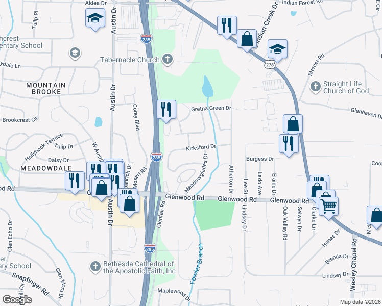 map of restaurants, bars, coffee shops, grocery stores, and more near 1763 Woodsloe Drive in Decatur