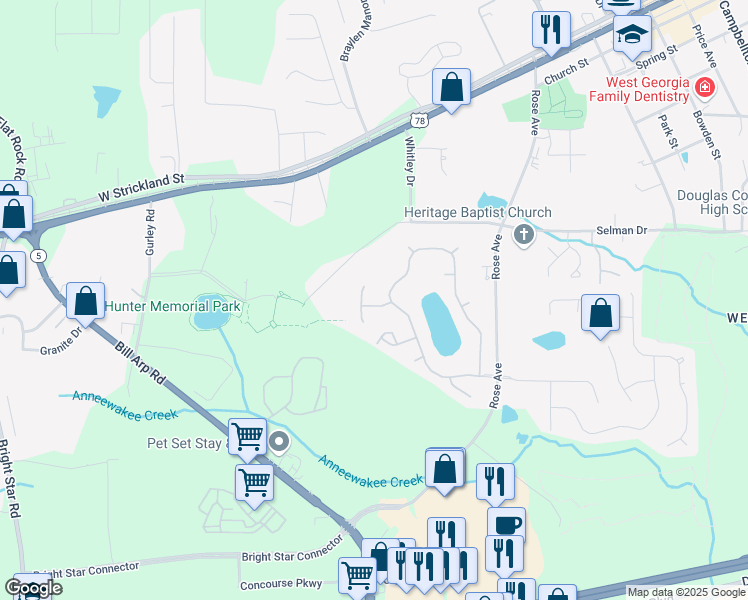 map of restaurants, bars, coffee shops, grocery stores, and more near 8903 Paradise Rose in Douglasville