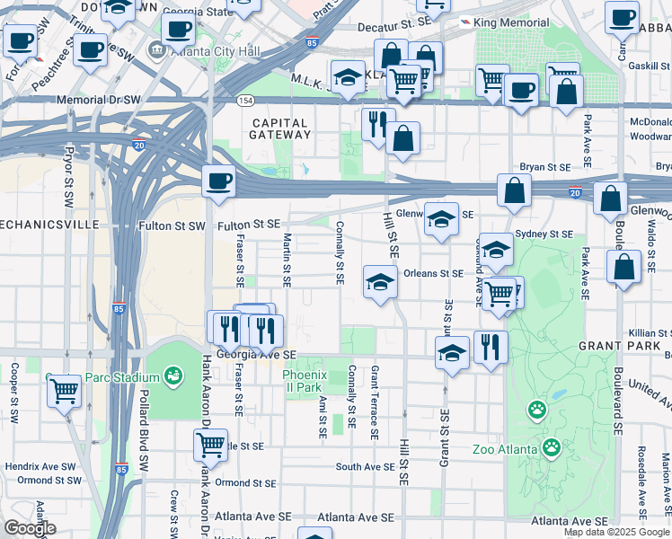 map of restaurants, bars, coffee shops, grocery stores, and more near 531 Connally Street Southeast in Atlanta