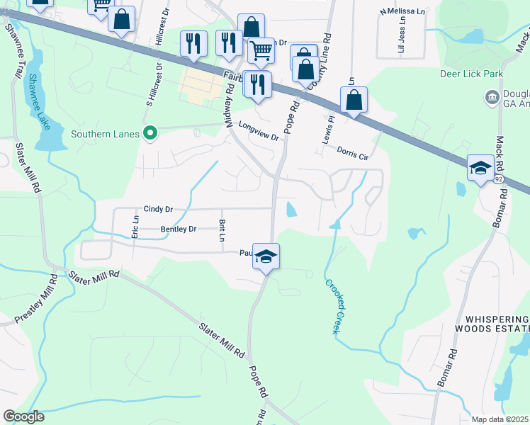 map of restaurants, bars, coffee shops, grocery stores, and more near 3717 Cindy Drive in Douglasville