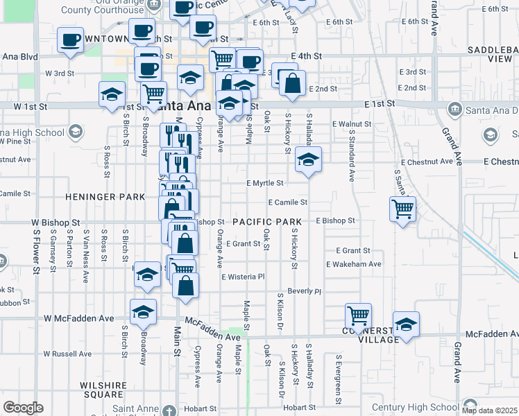 map of restaurants, bars, coffee shops, grocery stores, and more near in Santa Ana