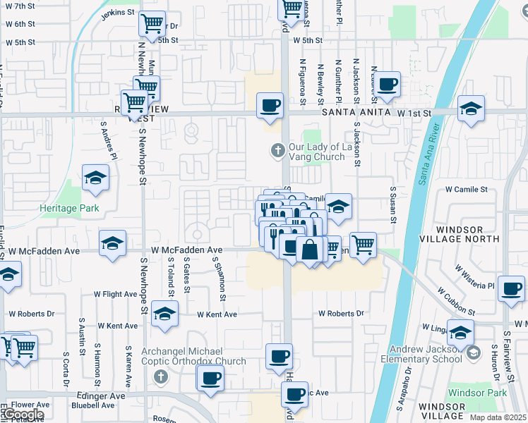 map of restaurants, bars, coffee shops, grocery stores, and more near 606 South Harbor Boulevard in Santa Ana