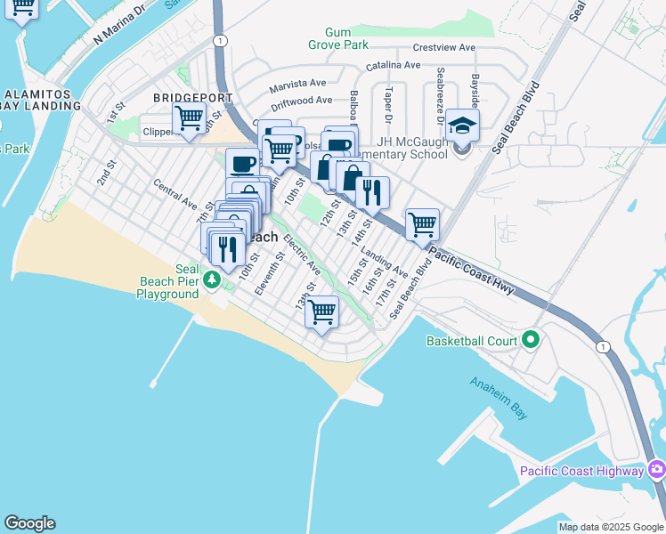 map of restaurants, bars, coffee shops, grocery stores, and more near 150 13th Street in Seal Beach