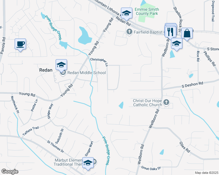 map of restaurants, bars, coffee shops, grocery stores, and more near 5844 Earlwane Drive in Lithonia