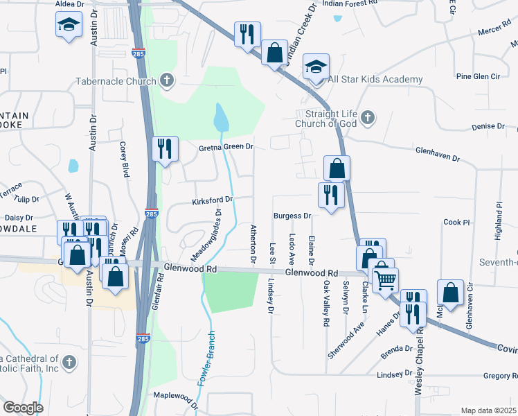 map of restaurants, bars, coffee shops, grocery stores, and more near 1752 Atherton Drive in Decatur