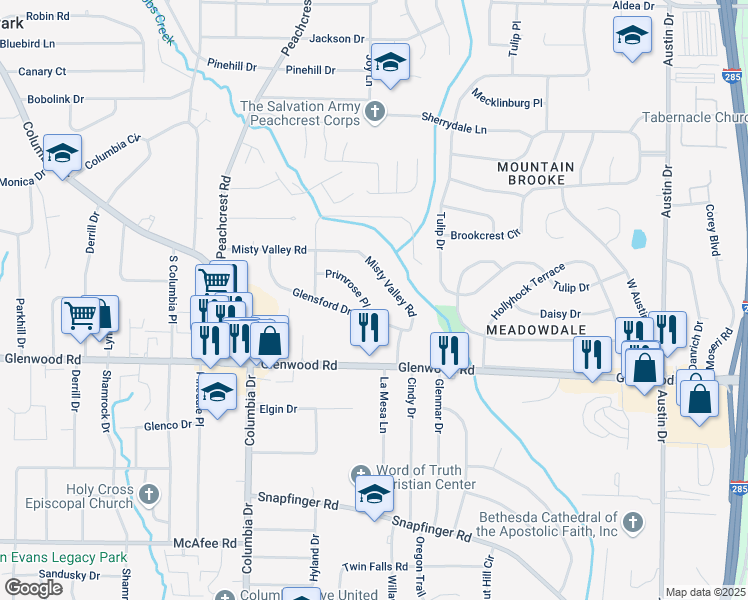 map of restaurants, bars, coffee shops, grocery stores, and more near 3490 Primrose Place in Decatur
