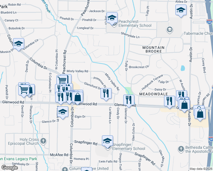 map of restaurants, bars, coffee shops, grocery stores, and more near 3491 Glensford Drive in Decatur