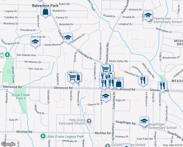 map of restaurants, bars, coffee shops, grocery stores, and more near 1755 South Columbia Place in Decatur