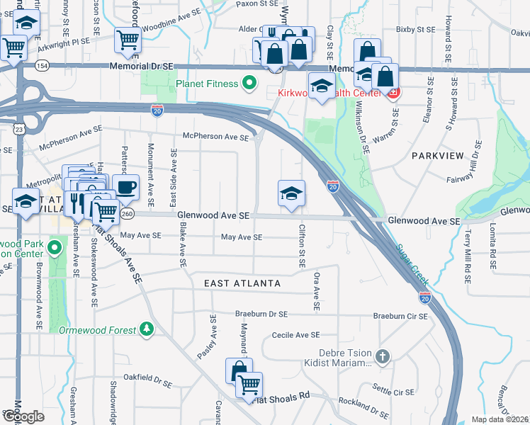 map of restaurants, bars, coffee shops, grocery stores, and more near 1634 Glenwood Avenue Southeast in Atlanta