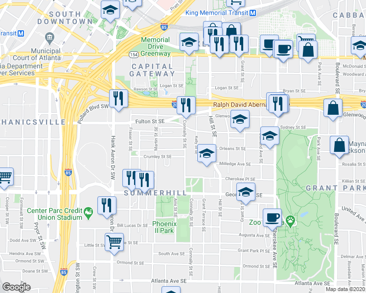 map of restaurants, bars, coffee shops, grocery stores, and more near 531 Connally Street Southeast in Atlanta
