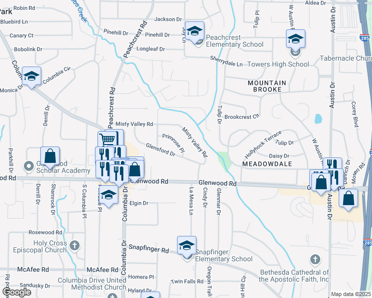 map of restaurants, bars, coffee shops, grocery stores, and more near 3490 Primrose Place in Decatur