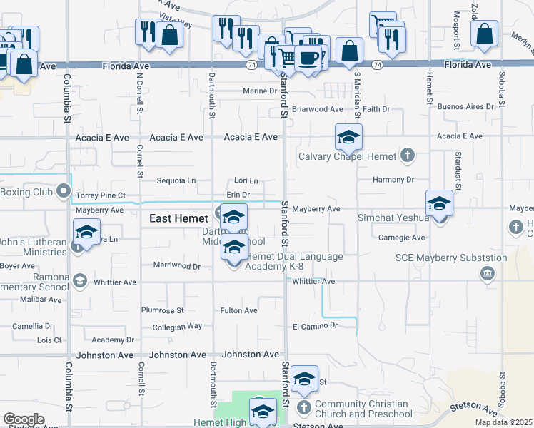 map of restaurants, bars, coffee shops, grocery stores, and more near 41695 Mayberry Avenue in Hemet