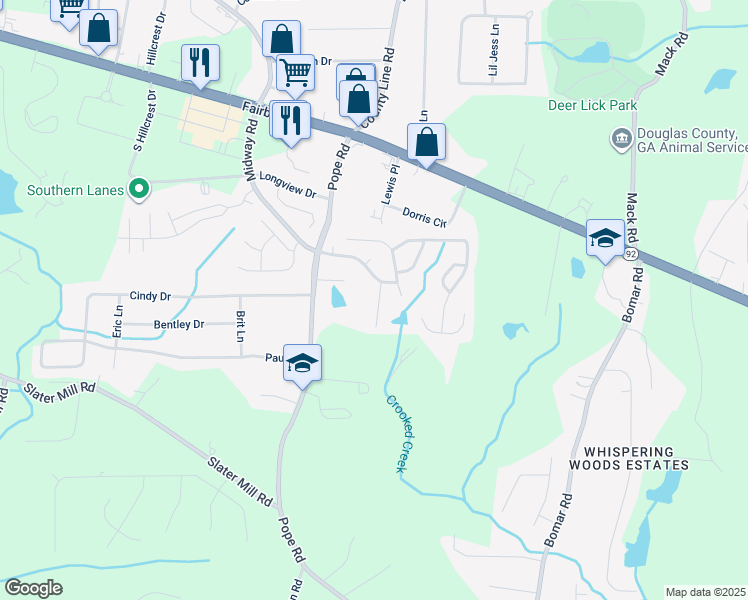 map of restaurants, bars, coffee shops, grocery stores, and more near 2331 Flowerdale Court in Douglasville
