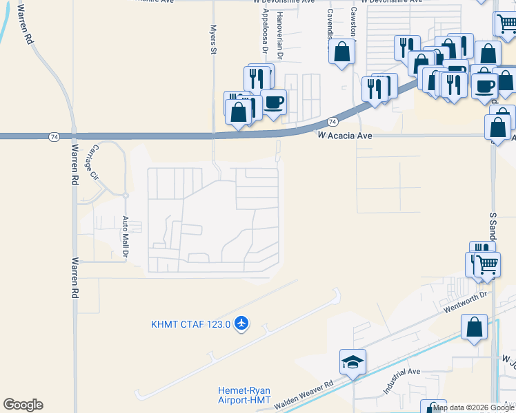 map of restaurants, bars, coffee shops, grocery stores, and more near in Hemet
