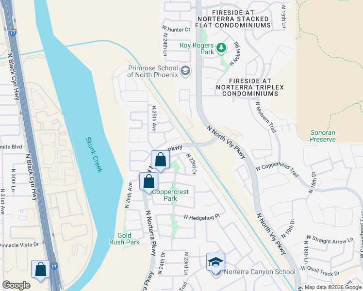 map of restaurants, bars, coffee shops, grocery stores, and more near 2333 West White Feather Lane in Phoenix