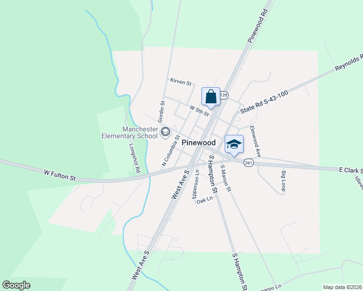 map of restaurants, bars, coffee shops, grocery stores, and more near 102 West Avenue North in Pinewood