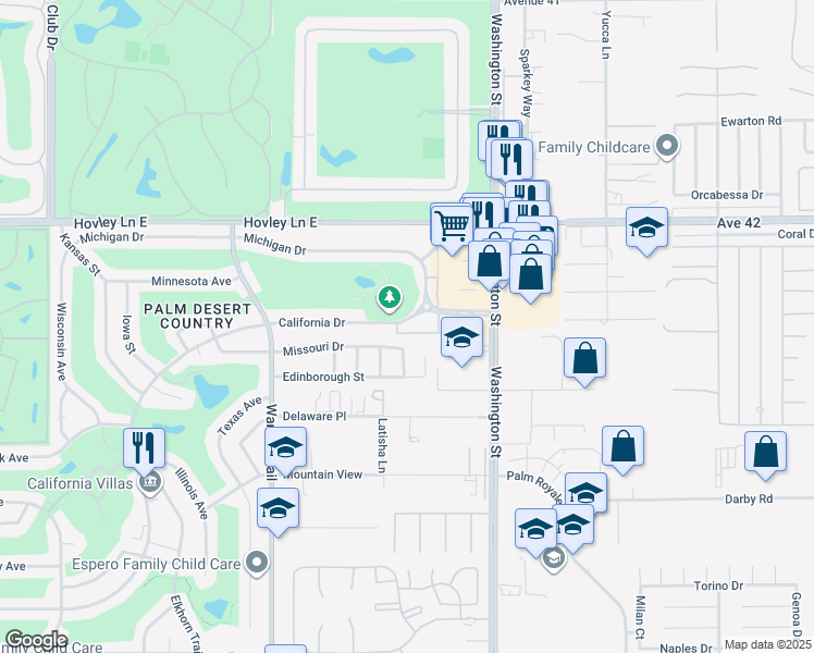 map of restaurants, bars, coffee shops, grocery stores, and more near 77805 California Drive in Palm Desert