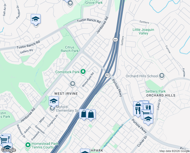 map of restaurants, bars, coffee shops, grocery stores, and more near 28 Amoret Drive in Irvine