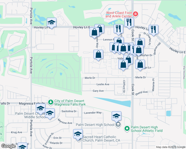 map of restaurants, bars, coffee shops, grocery stores, and more near 42525 Audrey Circle in Palm Desert