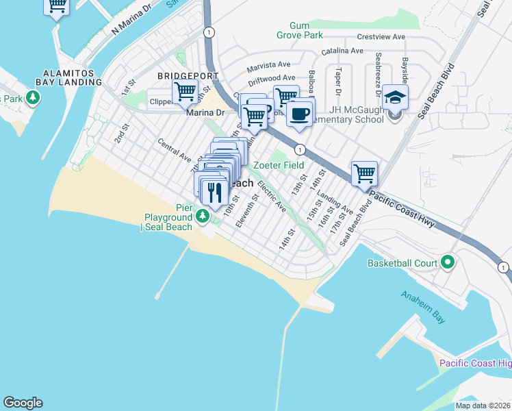 map of restaurants, bars, coffee shops, grocery stores, and more near in Seal Beach